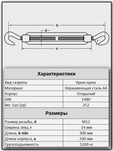 Талреп крюк-крюк нержавеющий А4 М12 DIN1480 фото 4