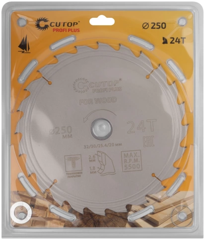 Диск пильный по дереву с тефлоновым покрытием 24Т CUTOP Profi Plus 250х1,8/2,6х32/30/25,4/20 мм фото 2