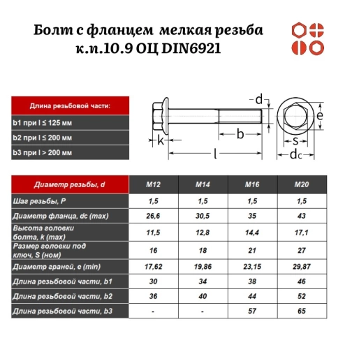 Болт с фланцем ПР М14х1,5х40 мелкая резьба к.п.10.9 ОЦ DIN6921 с насечкой, 25 шт. фото 2