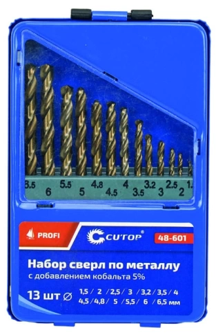 Набор сверл по металлу Cutop Profi с кобальтом 5%, в мет.кор. 2-8мм (через 0,5мм),13шт. фото 1