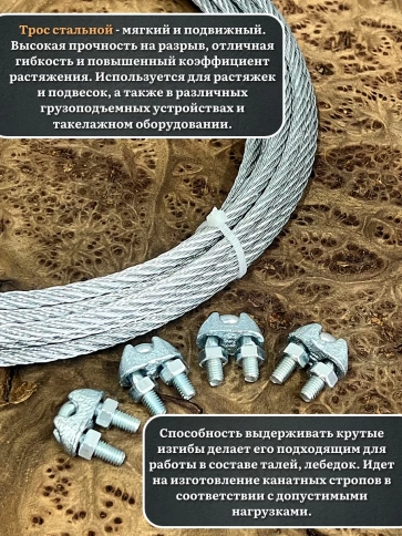 Трос стальной d6 с зажимами (4 шт.) оцинкованный без оплетки, 30 метров фото 6