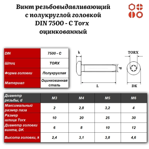 Винт резьбовыдавливающий DIN 7500 С Torx М4х6 оцинкованный, 1000 шт. фото 3