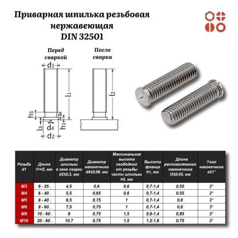 Приварная шпилька резьбовая DIN 32501 М6х30 нержавеющая А2, 1000 шт. фото 3