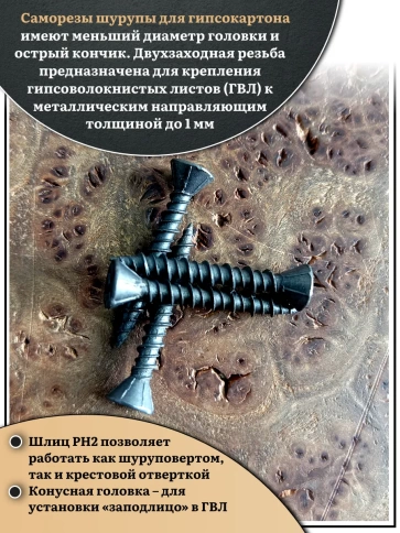 Саморез для крепления ГВЛ (гипсокартон) 3,9х25, чёрный фото 4