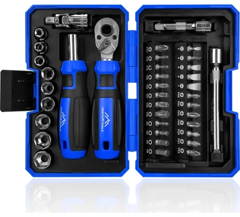 Набор бит 38 предм. держатель,трещотка,удлинитель,кардан,головки VERTEXTOOLS фото 1