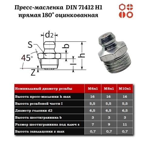 Пресс-масленка М6х1 DIN 71412 H1 прямая 180° оцинкованная, 200 шт. фото 2
